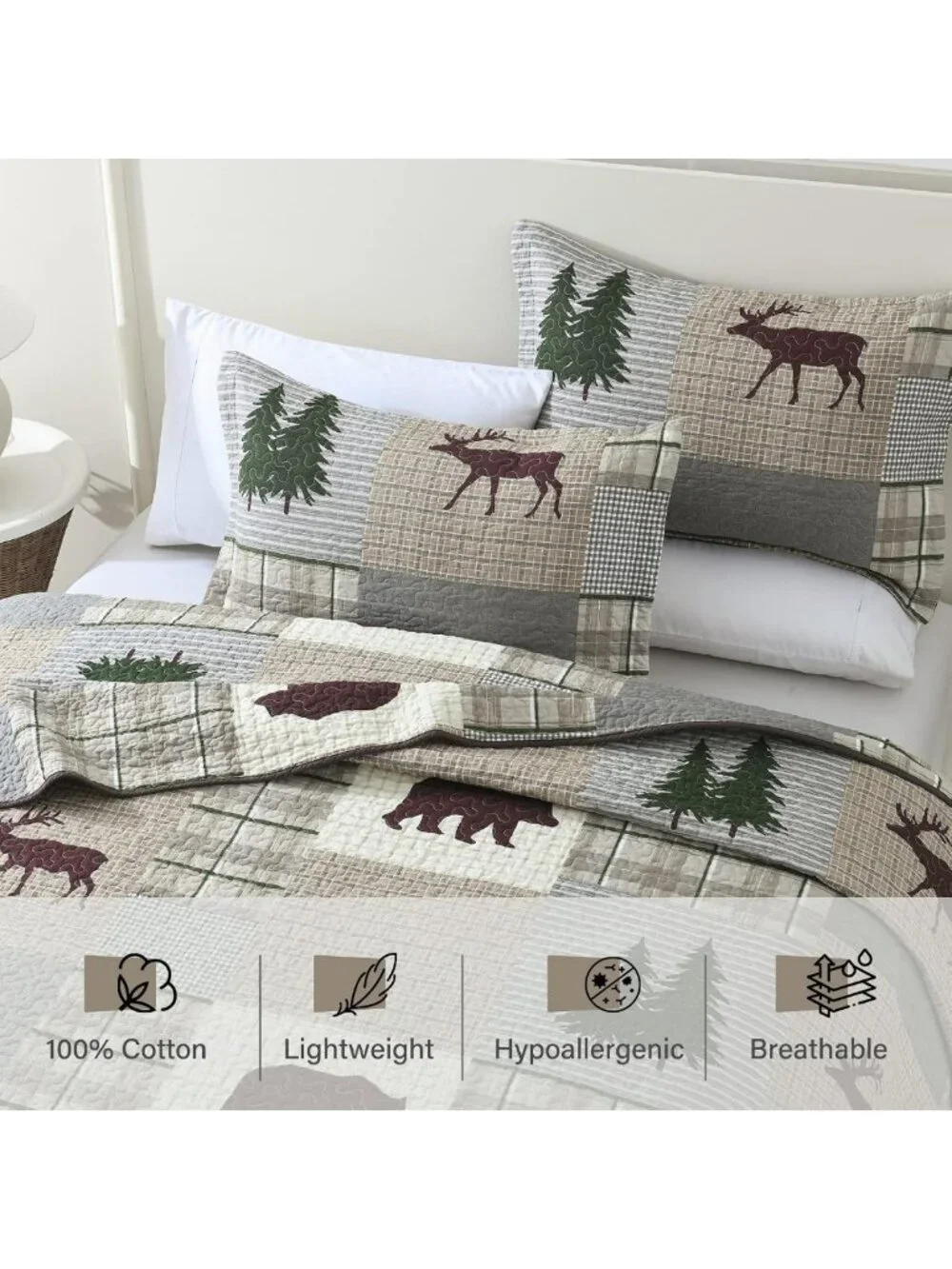 Cozy 100% Cotton Queen Quilt Set - Reversible Forest Plaid Bedspread & 2 Shams